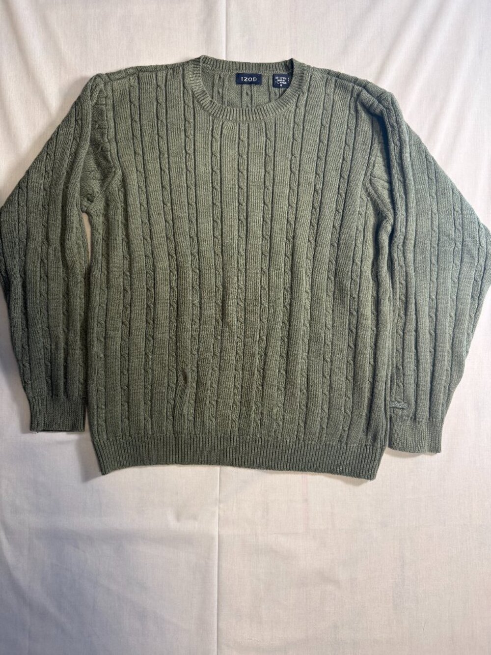 IZOD Mens Medium Olive Green 100% Cotton Cable Knit Crewneck Pullover Sweater